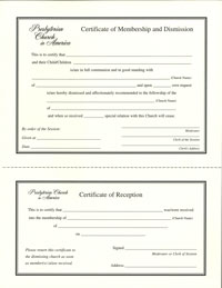 CERTIFICATE OF MEMBERSHIP AND DISMISSION/RECEPTION pad of 50